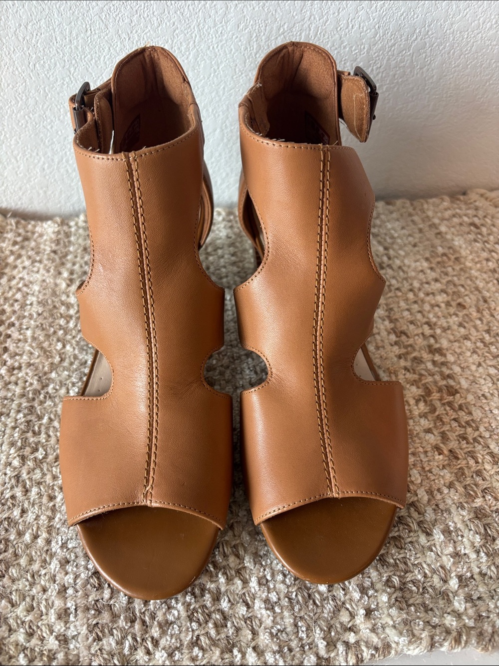 Clarks Tan Leather Cutout Ankle Strap Sandals